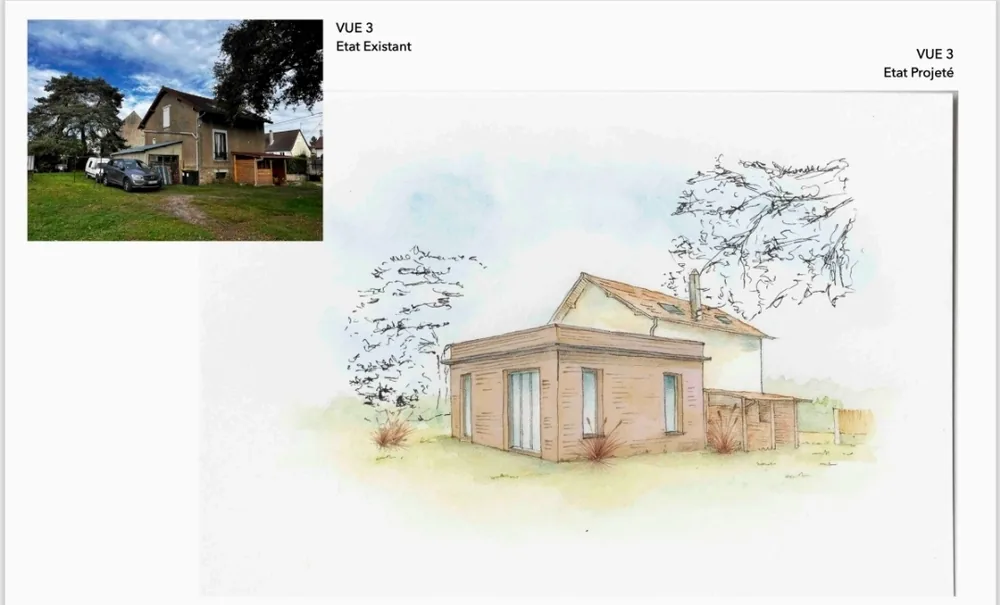 Courdimanche : photo de la maison existante et aquarelle du projet d’extension
