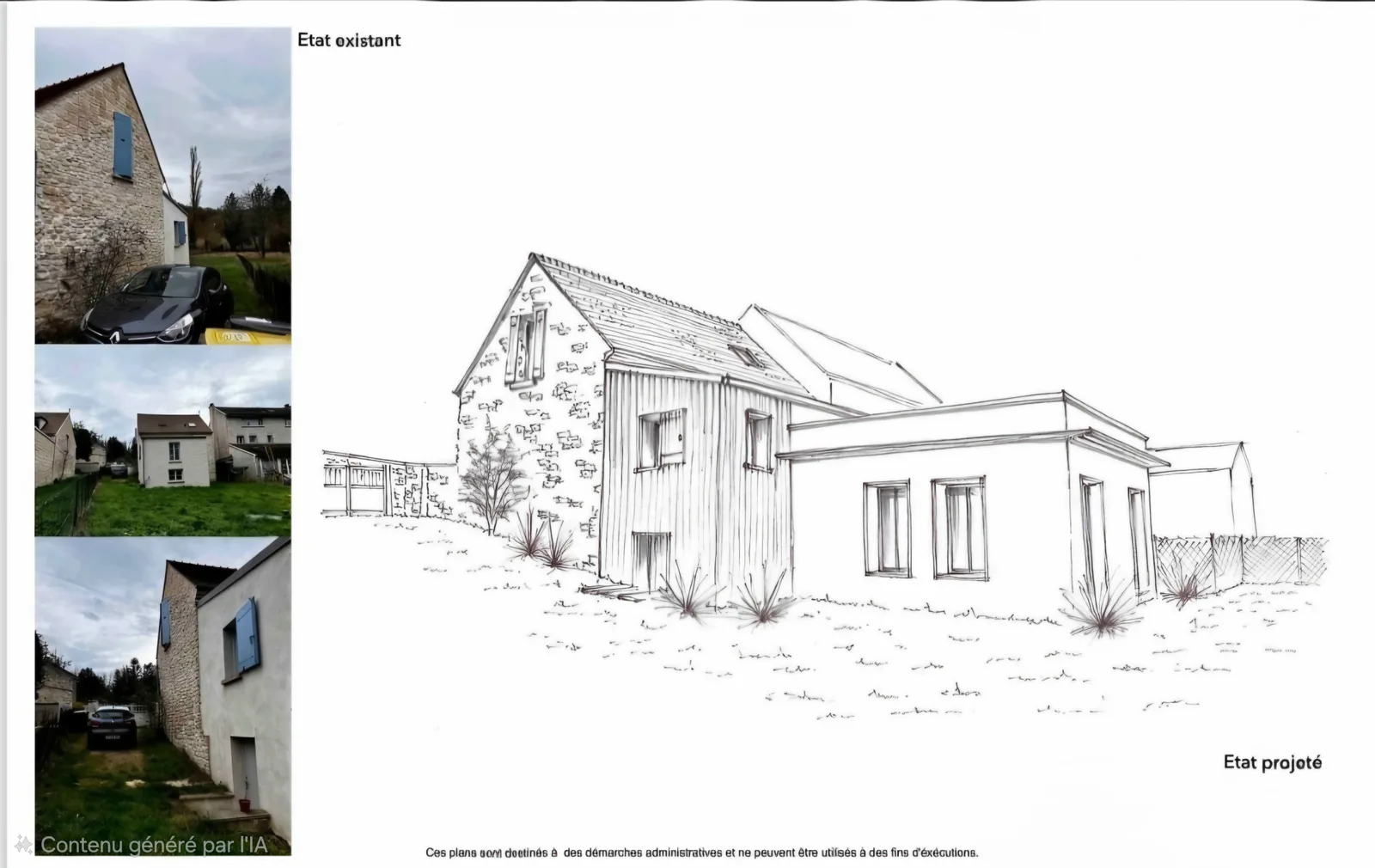 Hédouville : photos de la maison en pierre existante et esquisse du projet d’agrandissement