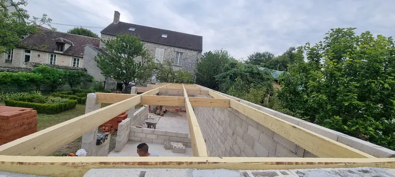 La charpente bois en place (Construction d’un atelier, Fontainebleau)