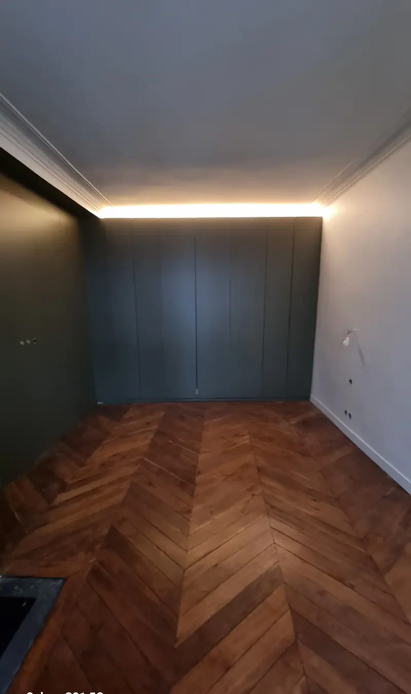 Parquet et rangements vert profond (Rénovation complète d’un appartement, Paris)