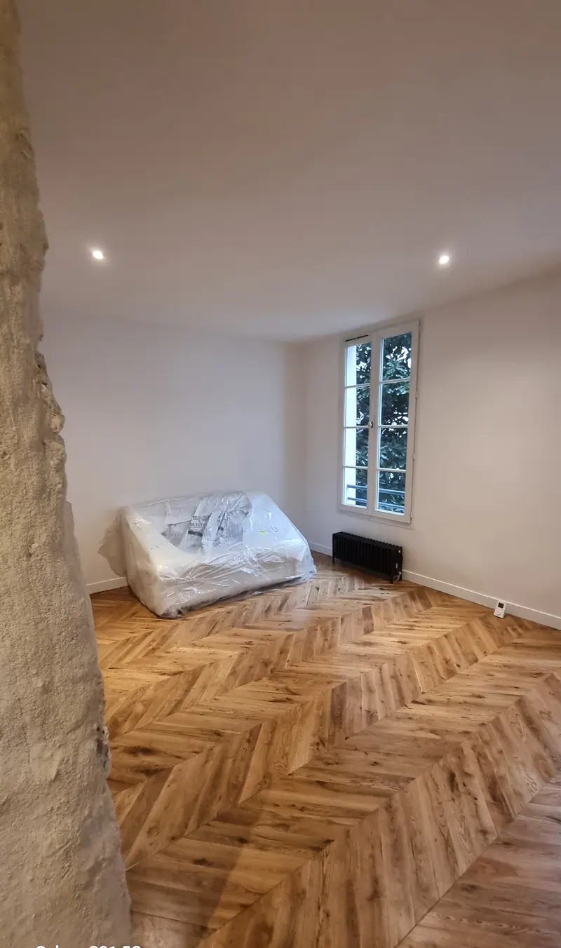 La pièce de vie et le mur en pierre (Rénovation complète d’un appartement, Paris)