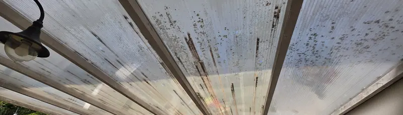 Les anciennes plaques, vues de dessous (Toiture de terrasse en polycarbonate, Villiers-Adam)